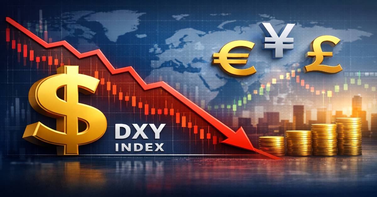 “US Dollar Index (DXY) falling sharply against major currencies like Euro, Japanese Yen, and British Pound, showing weakening dollar trend in global markets”
