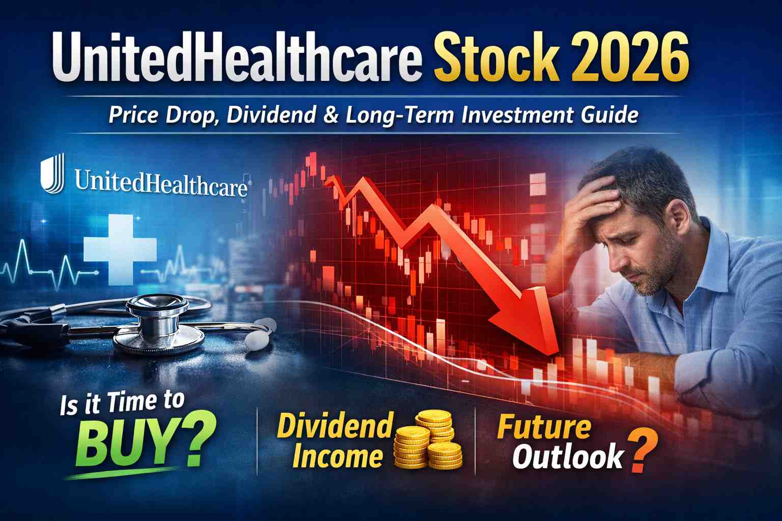 "UnitedHealthcare stock 2026 featured image showing a downward stock chart, healthcare icons, and an investor analyzing trends."